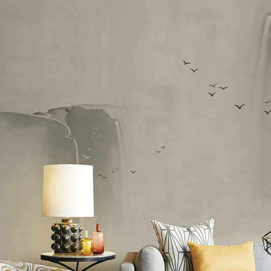 Wash Painting Misty Mountain Wall Mural Decal Chinese Non-Woven Fabric Wall Covering in Light Brown Clearhalo 'Wall Decor' 'Wall Mural' 1170863