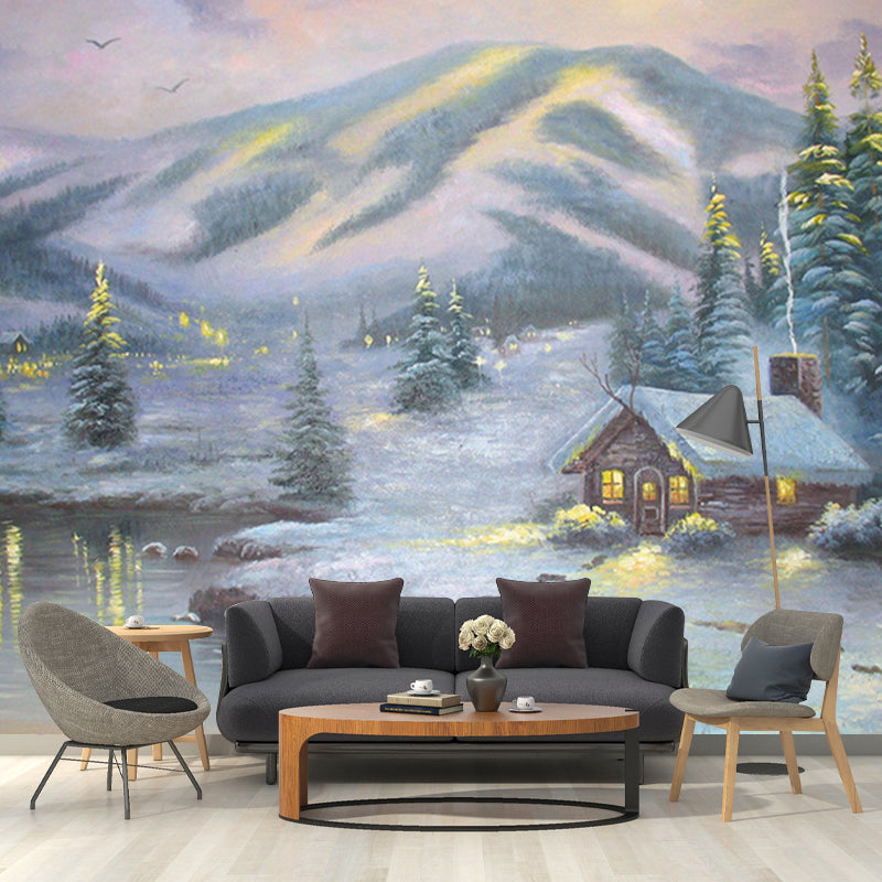 Winter Mountain Cabin Murals Decal Grey and Green Classic Wall Covering for Living Room Gray-Green Clearhalo 'Wall Decor' 'Wall Mural' 1170942