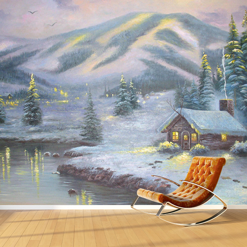 Winter Mountain Cabin Murals Decal Grey and Green Classic Wall Covering for Living Room Clearhalo 'Wall Decor' 'Wall Mural' 1170943