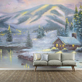 Winter Mountain Cabin Murals Decal Grey and Green Classic Wall Covering for Living Room Clearhalo 'Wall Decor' 'Wall Mural' 1170944