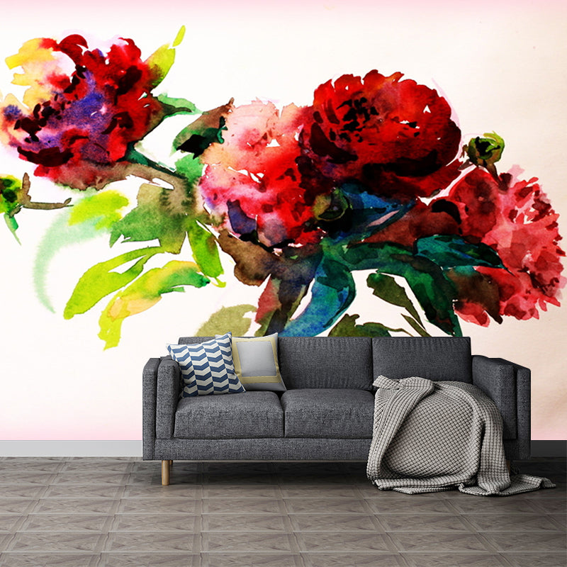 Stylish Peony Blossom Painting Mural Wallpaper Red and Green Stain Resistant Wall Covering for Home Red-Green Clearhalo 'Wall Decor' 'Wall Mural' 1170952