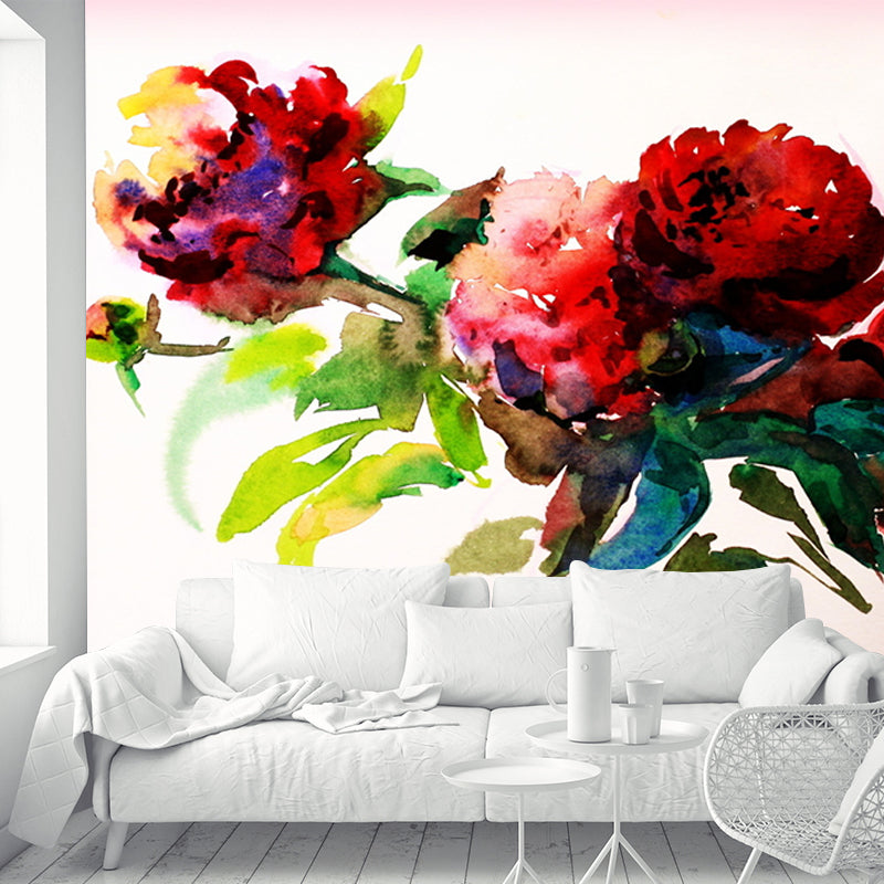 Stylish Peony Blossom Painting Mural Wallpaper Red and Green Stain Resistant Wall Covering for Home Clearhalo 'Wall Decor' 'Wall Mural' 1170954