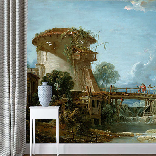 Vintage Art Old Bridge Murals Blue-Green Stain Resistant Wall Covering for Bedroom Clearhalo 'Wall Decor' 'Wall Mural' 1171023