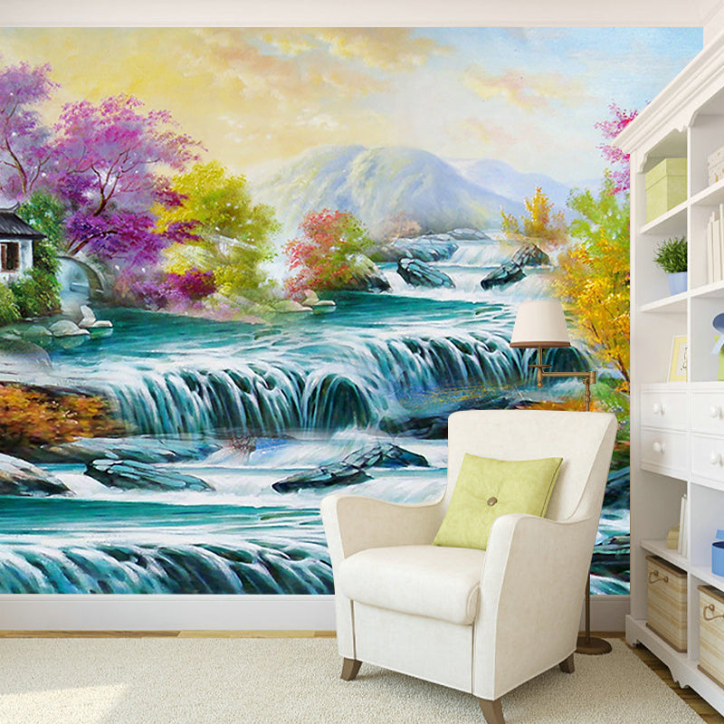 Beautiful Waterfall Drawing Wallpaper Mural Stain-Proof Rustic Bedroom Wall Decor Blue-Purple-Yellow Clearhalo 'Wall Decor' 'Wall Mural' 1171027