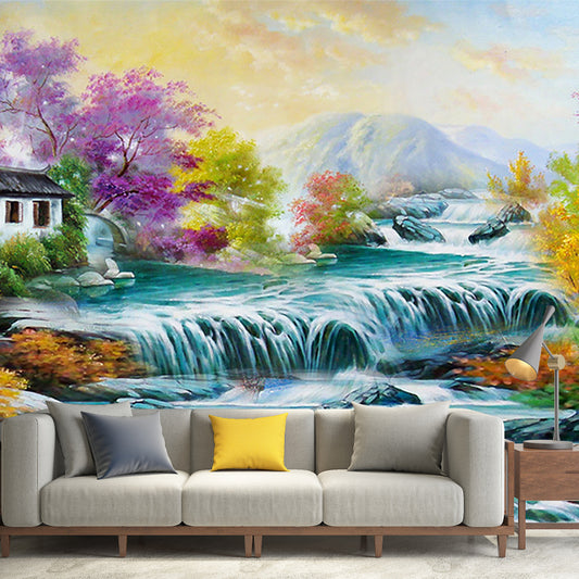 Beautiful Waterfall Drawing Wallpaper Mural Stain-Proof Rustic Bedroom Wall Decor Clearhalo 'Wall Decor' 'Wall Mural' 1171028