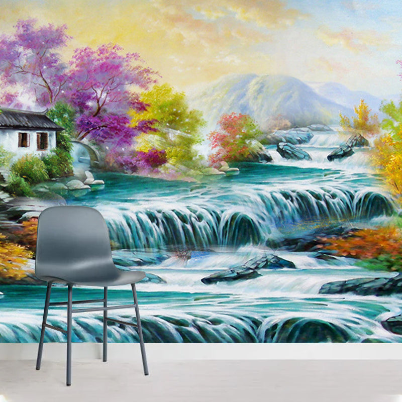 Beautiful Waterfall Drawing Wallpaper Mural Stain-Proof Rustic Bedroom Wall Decor Clearhalo 'Wall Decor' 'Wall Mural' 1171029