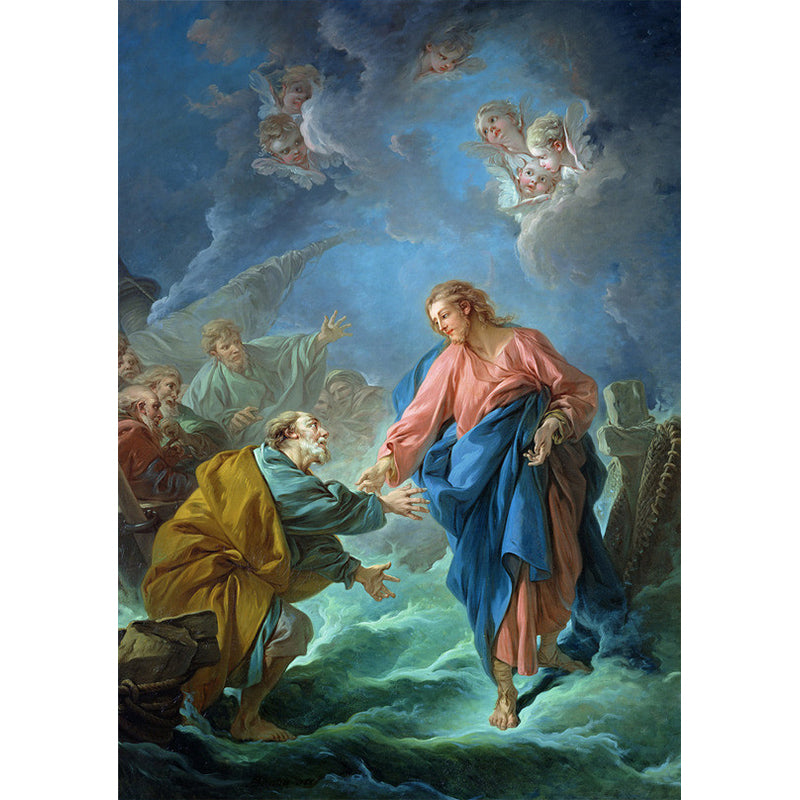 Antique Pray for Mercy Mural Pink-Blue-Green Religious Wall Covering for Corridor Clearhalo 'Wall Decor' 'Wall Mural' 1171040