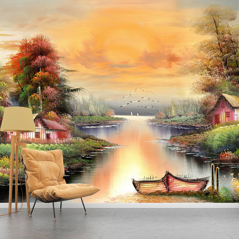 Tranquil Lake Scenery Wall Mural Countryside Smooth Wall Decor in Yellow and Green Yellow-Green Clearhalo 'Wall Decor' 'Wall Mural' 1171042