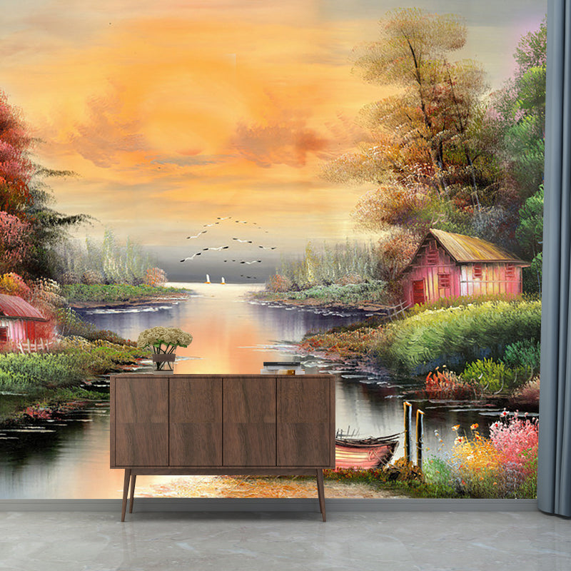 Tranquil Lake Scenery Wall Mural Countryside Smooth Wall Decor in Yellow and Green Clearhalo 'Wall Decor' 'Wall Mural' 1171044