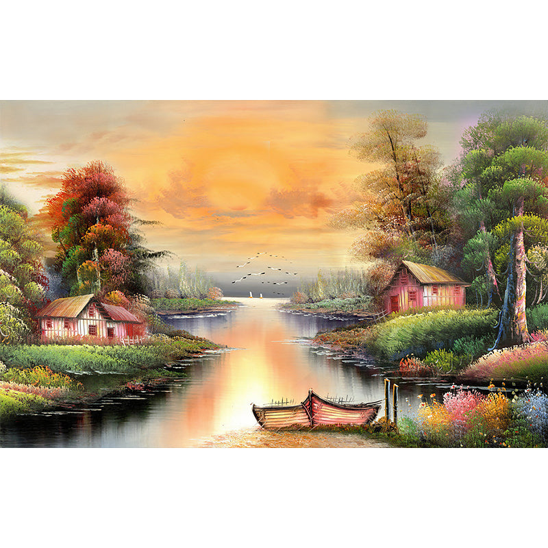 Tranquil Lake Scenery Wall Mural Countryside Smooth Wall Decor in Yellow and Green Clearhalo 'Wall Decor' 'Wall Mural' 1171045