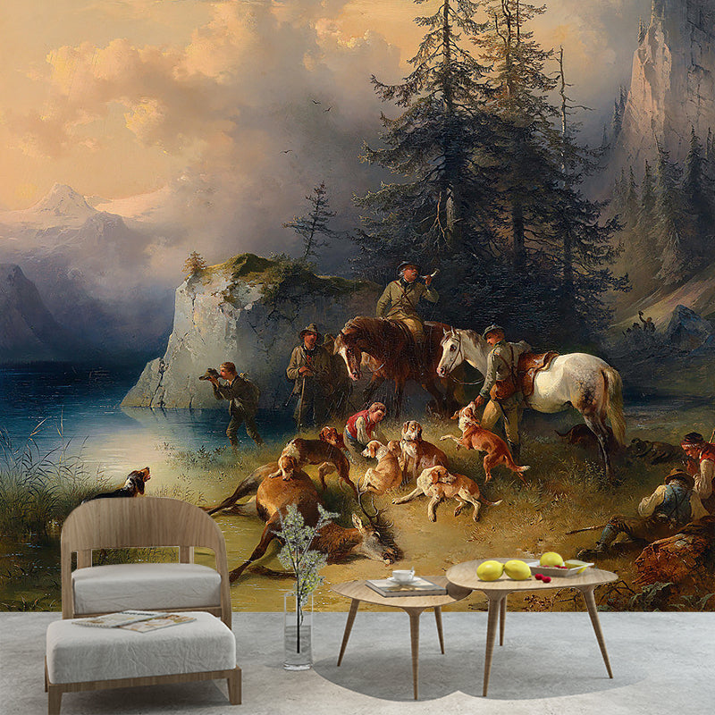 Whole Antique Style Wallpaper Mural White-Brown Friedrich Gauermann Return from the Mountain Pasture Wall Art White-Brown Clearhalo 'Wall Decor' 'Wall Mural' 1171057