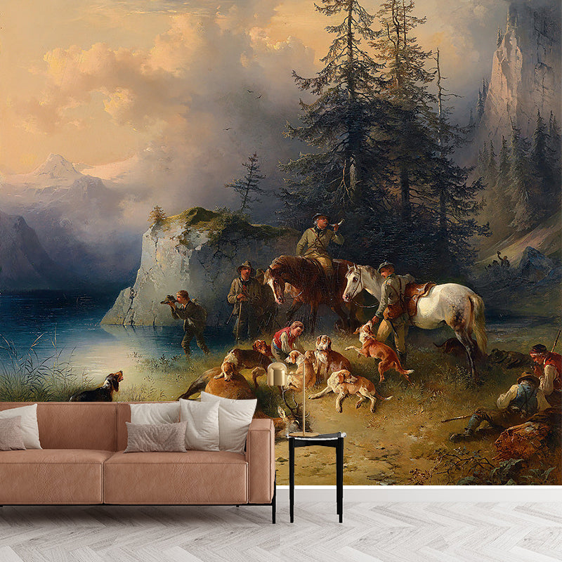 Whole Antique Style Wallpaper Mural White-Brown Friedrich Gauermann Return from the Mountain Pasture Wall Art Clearhalo 'Wall Decor' 'Wall Mural' 1171058