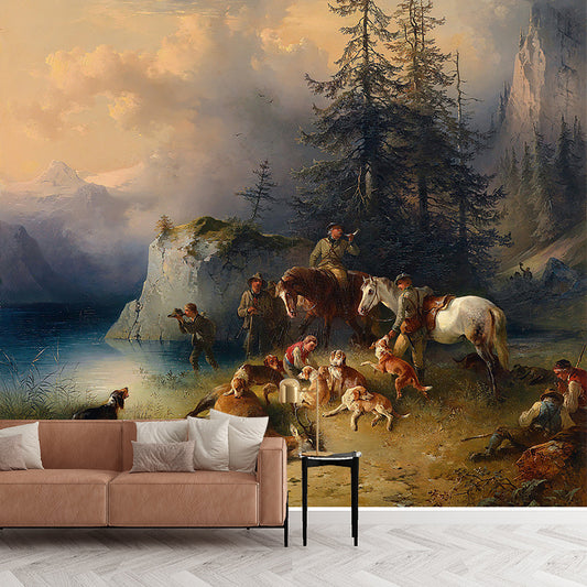 Whole Antique Style Wallpaper Mural White-Brown Friedrich Gauermann Return from the Mountain Pasture Wall Art Clearhalo 'Wall Decor' 'Wall Mural' 1171058