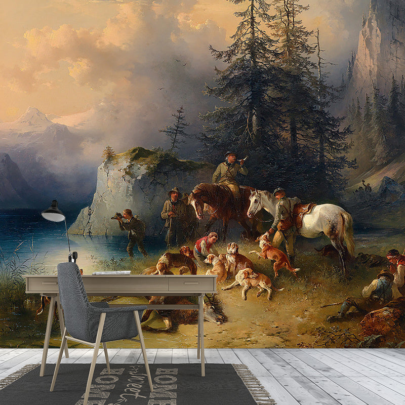 Whole Antique Style Wallpaper Mural White-Brown Friedrich Gauermann Return from the Mountain Pasture Wall Art Clearhalo 'Wall Decor' 'Wall Mural' 1171059