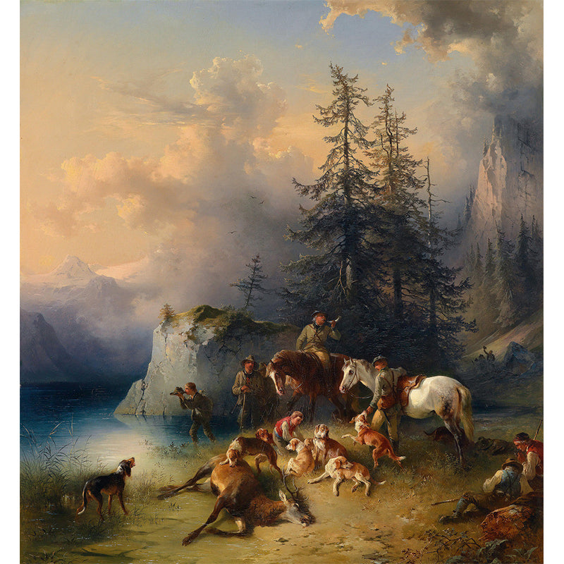 Whole Antique Style Wallpaper Mural White-Brown Friedrich Gauermann Return from the Mountain Pasture Wall Art Clearhalo 'Wall Decor' 'Wall Mural' 1171060