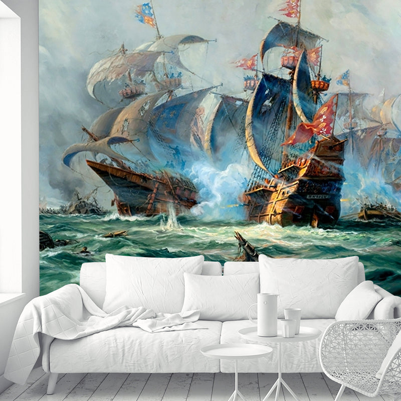 Tropix Naval Battle Painting Murals Grey and Green Sea Wall Decor for Living Room Clearhalo 'Wall Decor' 'Wall Mural' 1171113