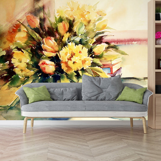 Yellow Watercolor Flower Wallpaper Mural Stain-Proof Wall Art for Living Room Decor Clearhalo 'Wall Decor' 'Wall Mural' 1171134