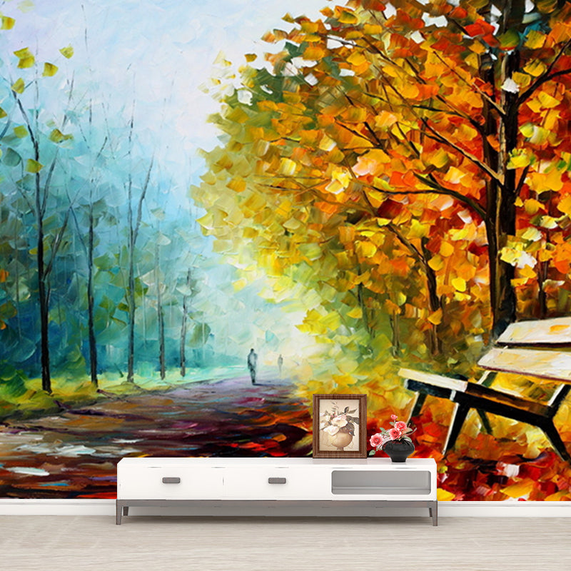 Bench Oil Painting Mural Wallpaper Orange and Green Rustic Wall Decoration for Home Clearhalo 'Wall Decor' 'Wall Mural' 1171163