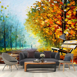 Bench Oil Painting Mural Wallpaper Orange and Green Rustic Wall Decoration for Home Clearhalo 'Wall Decor' 'Wall Mural' 1171164