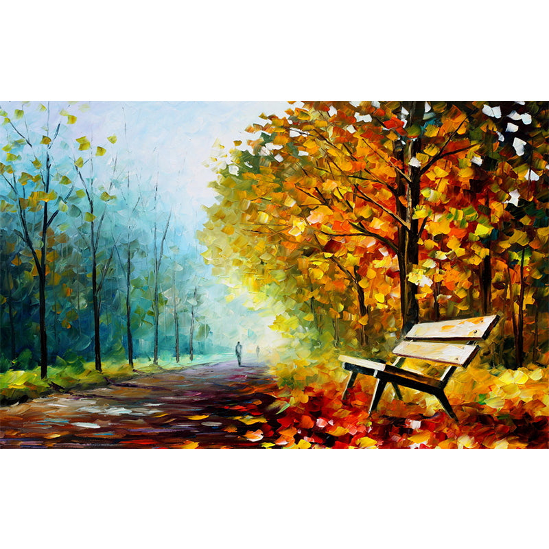 Bench Oil Painting Mural Wallpaper Orange and Green Rustic Wall Decoration for Home Clearhalo 'Wall Decor' 'Wall Mural' 1171165