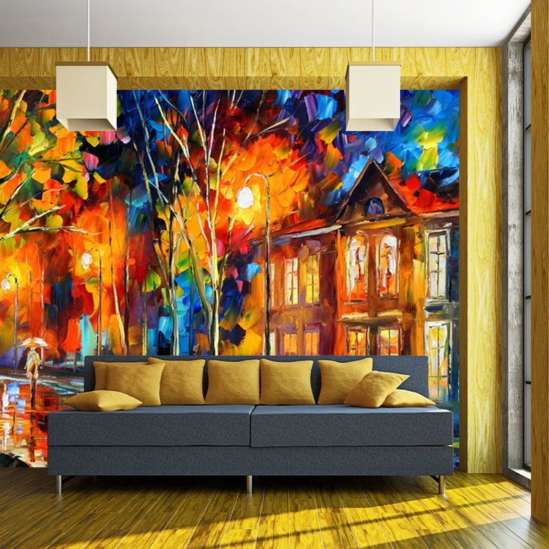 Orange-Blue Decorative Wall Mural Full Size Autumn Road and House Painting  Wall Art for Living Room - Clearhalo