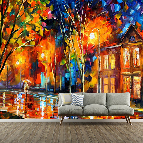 Orange-Blue Decorative Wall Mural Full Size Autumn Road and House Painting  Wall Art for Living Room - Clearhalo