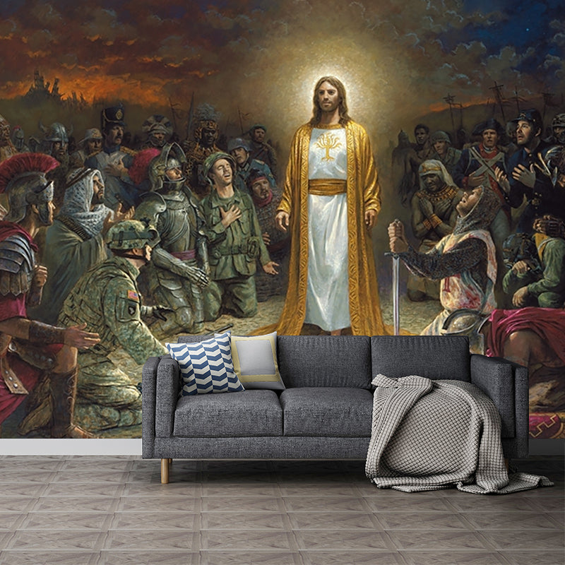 Retro The King of Kings Murals Brown Religion Wall Covering for Living Room Decor Clearhalo 'Wall Decor' 'Wall Mural' 1171178