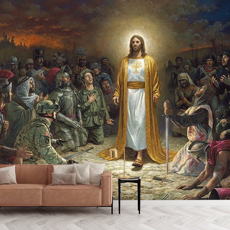 Retro The King of Kings Murals Brown Religion Wall Covering for Living Room Decor Clearhalo 'Wall Decor' 'Wall Mural' 1171179