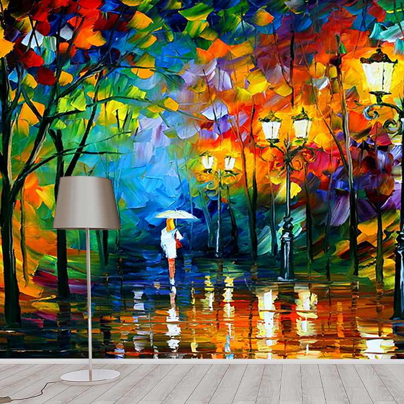 Stroll Oil Painting Mural Wallpaper Blue-Orange-Yellow Country Wall Decor for Stairs Clearhalo 'Wall Decor' 'Wall Mural' 1171198