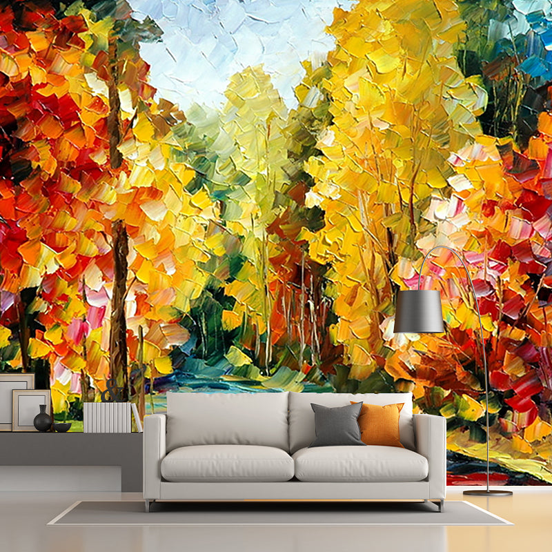 Autumn Forest Path Scenery Murals Countryside Smooth Wall Covering in Orange-Yellow Orange-Yellow Clearhalo 'Wall Decor' 'Wall Mural' 1171207