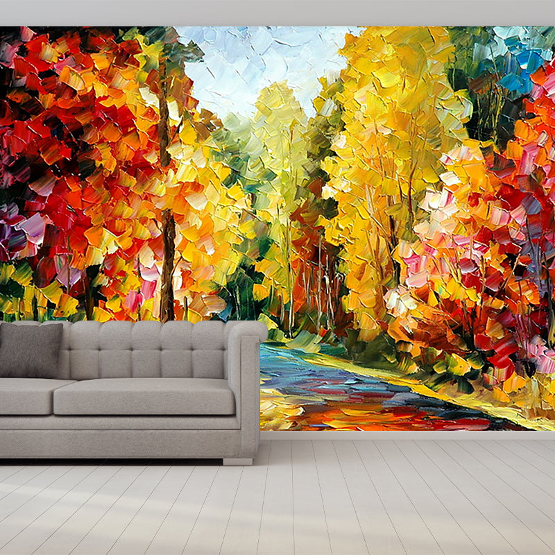 Autumn Forest Path Scenery Murals Countryside Smooth Wall Covering in Orange-Yellow Clearhalo 'Wall Decor' 'Wall Mural' 1171208