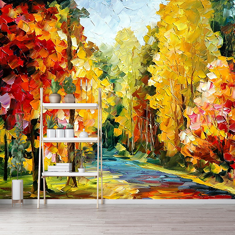 Autumn Forest Path Scenery Murals Countryside Smooth Wall Covering in Orange-Yellow Clearhalo 'Wall Decor' 'Wall Mural' 1171209