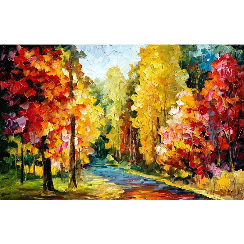 Autumn Forest Path Scenery Murals Countryside Smooth Wall Covering in Orange-Yellow Clearhalo 'Wall Decor' 'Wall Mural' 1171210