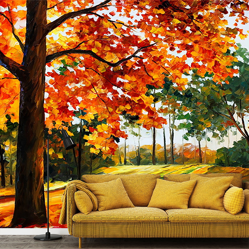 Autumn Maple Tree Wall Mural Classical Stain-Proof Bedroom Wall Decor, Custom Size Orange-Green Clearhalo 'Wall Decor' 'Wall Mural' 1171252