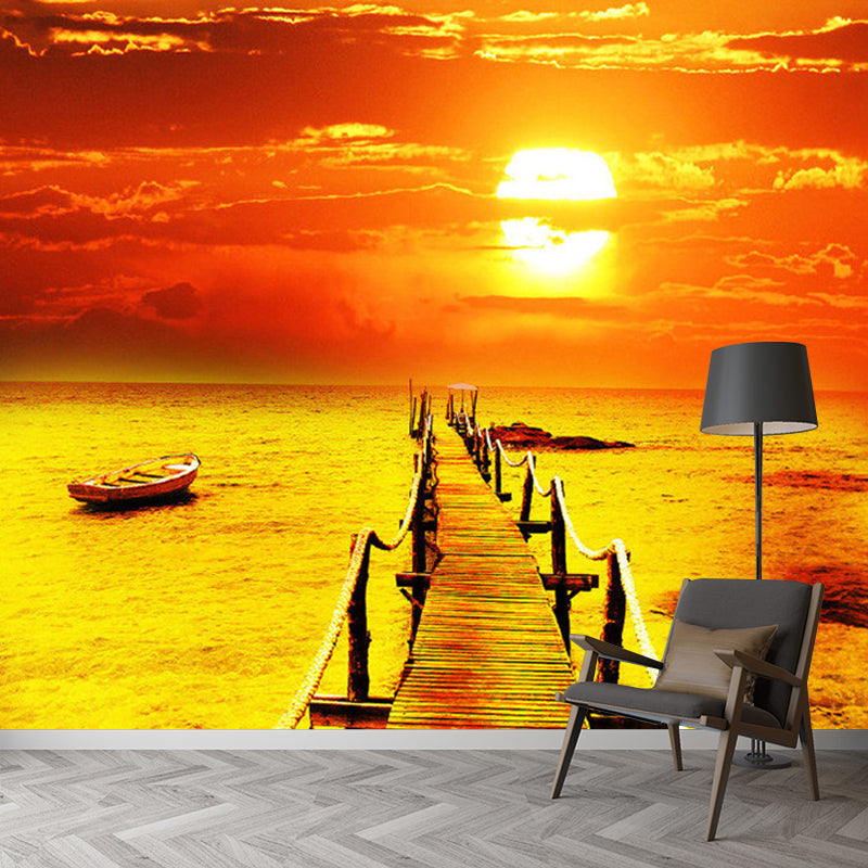 Sunset Bridge to Sea Murals Orange Contemporary Wall Decor for Living Room, Moisture Resistant Clearhalo 'Wall Decor' 'Wall Mural' 1171303