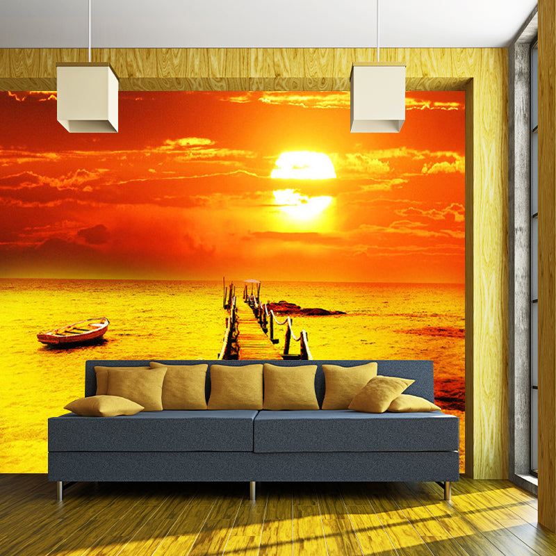 Sunset Bridge to Sea Murals Orange Contemporary Wall Decor for Living Room, Moisture Resistant Clearhalo 'Wall Decor' 'Wall Mural' 1171304