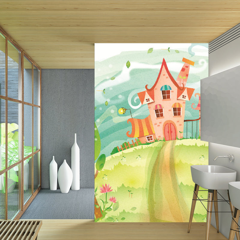 A Path to Castle Murals Pink-Blue-Green Cartoon Style Wall Art for Childrens Bedroom Clearhalo 'Wall Decor' 'Wall Mural' 1171378