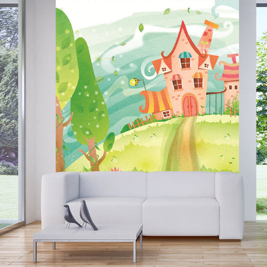 A Path to Castle Murals Pink-Blue-Green Cartoon Style Wall Art for Childrens Bedroom Clearhalo 'Wall Decor' 'Wall Mural' 1171379