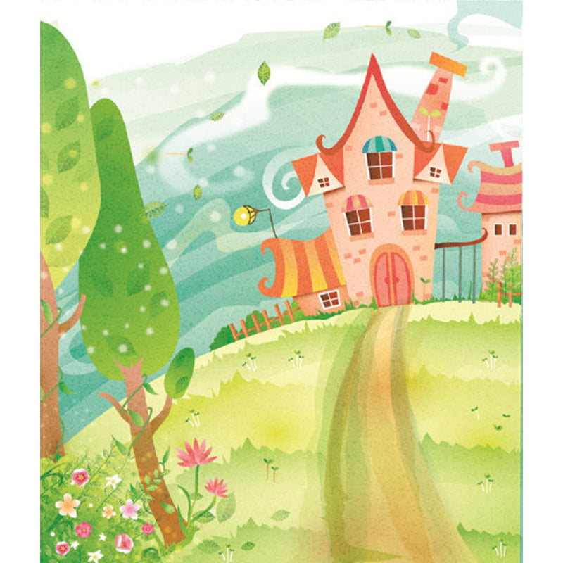 A Path to Castle Murals Pink-Blue-Green Cartoon Style Wall Art for Childrens Bedroom Clearhalo 'Wall Decor' 'Wall Mural' 1171380