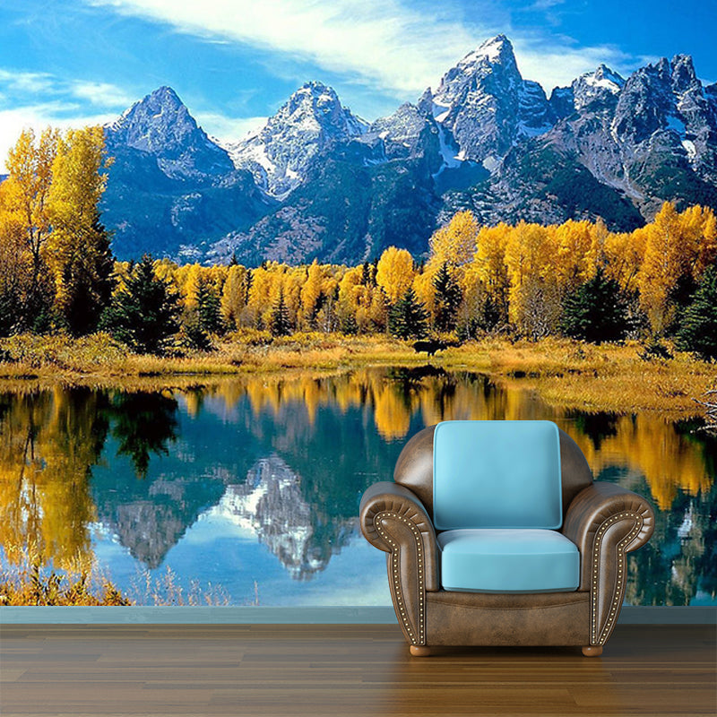 Autumn Lakeside Forest Wall Murals Blue-Brown Contemporary Wall Art for Living Room Clearhalo 'Wall Decor' 'Wall Mural' 1171483