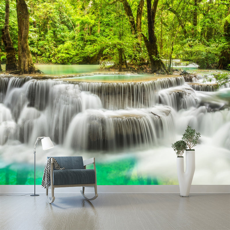 Tropical Small Waterfall Mural Green and White Living Room Wall Art, Custom Made Green-White Clearhalo 'Wall Decor' 'Wall Mural' 1171547