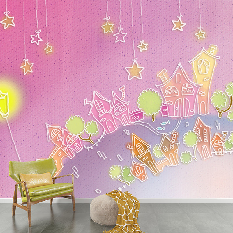 Starry Night Castle Wall Mural Cartoon Stain Proof Kids Bedroom Wall Art, Made to Measure Clearhalo 'Wall Decor' 'Wall Mural' 1171593