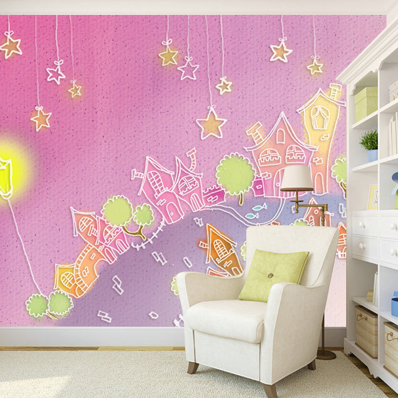 Starry Night Castle Wall Mural Cartoon Stain Proof Kids Bedroom Wall Art, Made to Measure Clearhalo 'Wall Decor' 'Wall Mural' 1171594