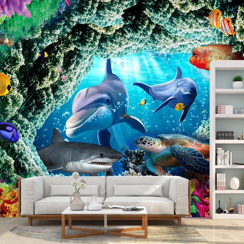 Tropix Undersea World Sharks Murals Blue and Green Waterproof Wall Covering for Boys Room Blue-Green Clearhalo 'Wall Decor' 'Wall Mural' 1171637