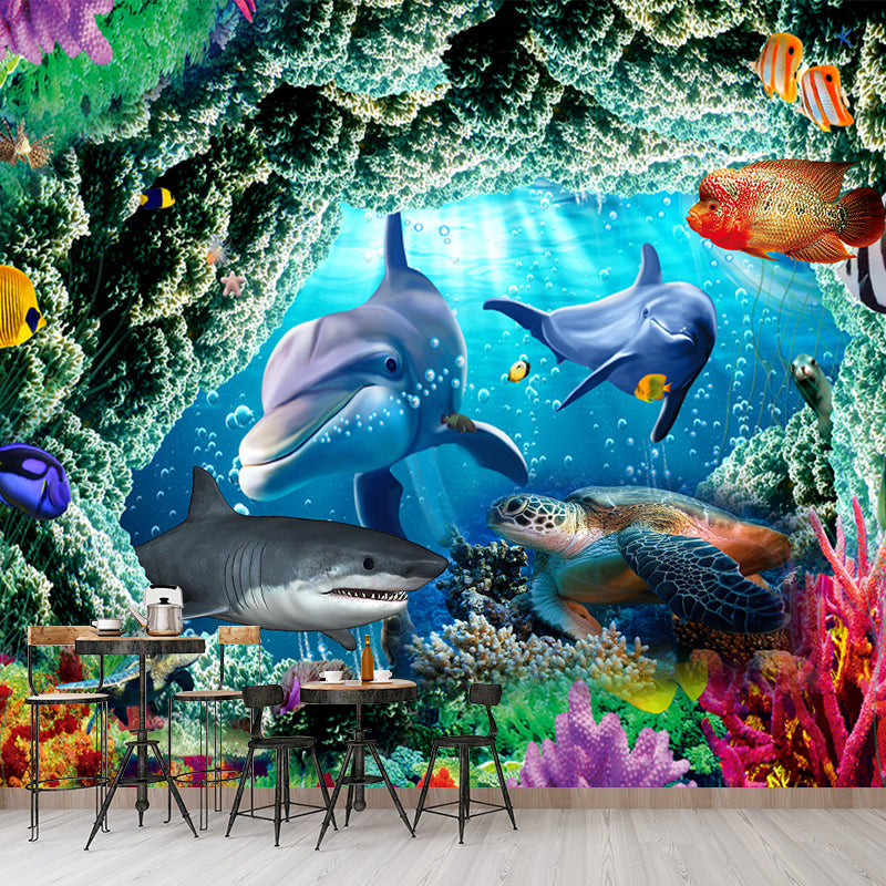 Tropix Undersea World Sharks Murals Blue and Green Waterproof Wall Covering for Boys Room Clearhalo 'Wall Decor' 'Wall Mural' 1171639