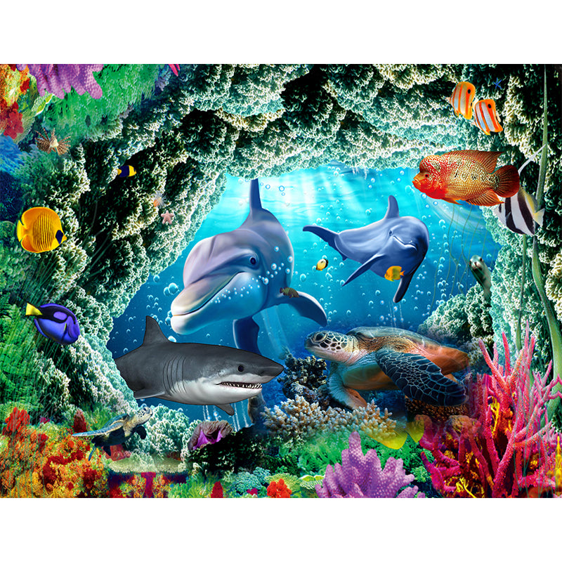 Tropix Undersea World Sharks Murals Blue and Green Waterproof Wall Covering for Boys Room Clearhalo 'Wall Decor' 'Wall Mural' 1171640