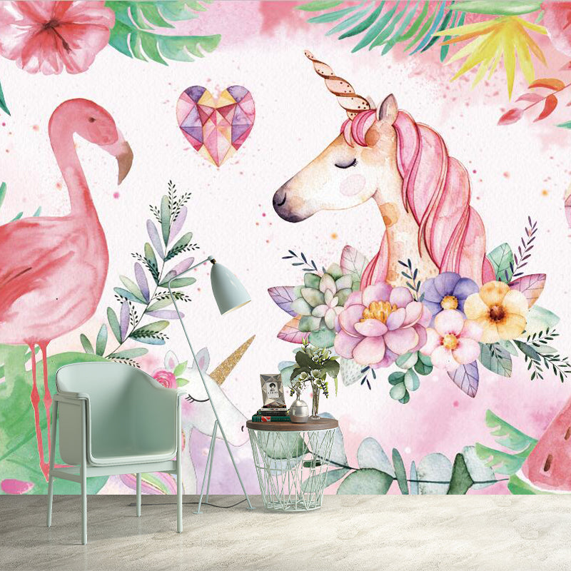 Stylish Unicorn and Flamingo Murals Pink and Green Stain Resistant Wall Art for Bedroom Clearhalo 'Wall Decor' 'Wall Mural' 1171764