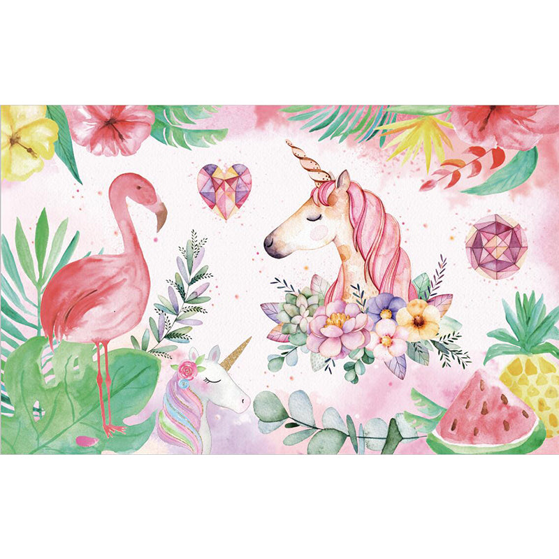 Stylish Unicorn and Flamingo Murals Pink and Green Stain Resistant Wall Art for Bedroom Clearhalo 'Wall Decor' 'Wall Mural' 1171765