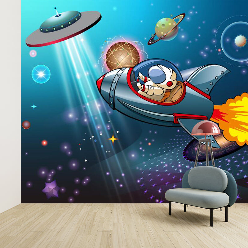 Blue Childrens Art Wall Murals Large Cartoon Astronaut Patterned Wall Decor for Nursery Blue Clearhalo 'Wall Decor' 'Wall Mural' 1171782