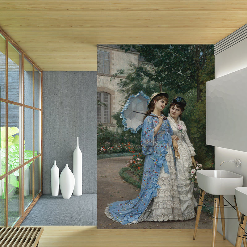 Blue and White Lady Mural Wallpaper Water-Resistant Wall Art for Living Room Decor Blue-White Clearhalo 'Wall Decor' 'Wall Mural' 1171802